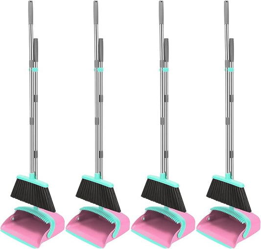NACENA Broom and Dustpan Set, 52-in Long Adjustable Handle Broom Dustpan Combo with Dustpan Teeth to Automatically Clean Hair Suitable for Home Kitchen Office Hall Floor (Pink&Blue), 4 Pack