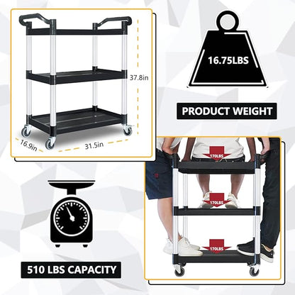 Plastic Utility Carts with Wheels, Heavy Duty 510lbs Capacity Rolling Service Cart, 3-Tier Restaurant Food Cart with Hammer for Office, Warehouse, Garage (Lockable Wheels, Black)