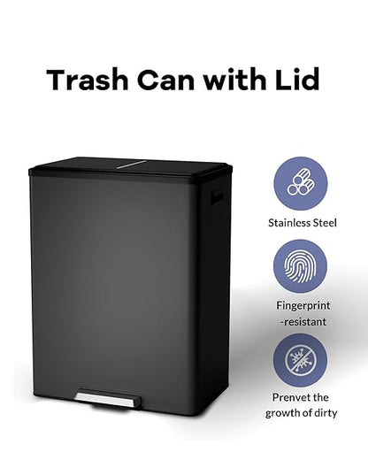 Garvee Dual Trash Can for Recycling and Trash, 2 x 30 L (60 L) Stainless Steel Kitchen Trash Can with Lid and Foot Pedal, Double Compartment Garbage Can, with Recycling Bin, 2 x 8 Gallon