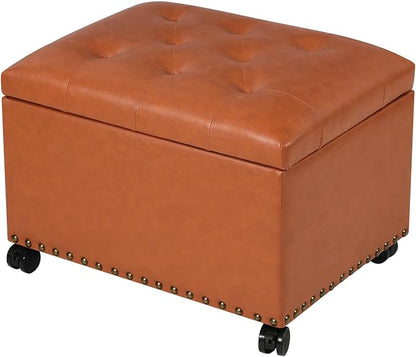 24" Square Ottomans with Storage, Leather Ottoman with Storage with Lockable Wheels and Hight Loading, Foot Stool Ottoman with Wheels for Makeup Room, Dorms and Apartments (Orange Brown)