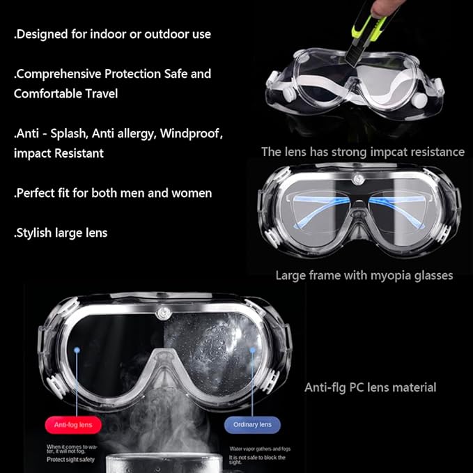 3 Pack Safety Goggles Protective Adjustable Goggles Over Glasses Splash Eye Protection Adjustable For Lab Construction Worker Onion Cutting Clear Lens Eyewear White