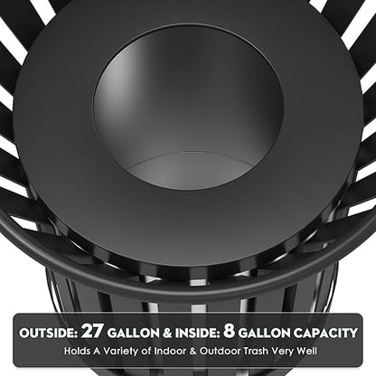 25.2IN Large Round Large Outdoor Trash Can, Heavy Duty Metal Slatted Garbage Can Outdoor, All Weather Resistant Commercial Garbage Cans, Waste Receptacle in Park, School, Beach, Patio Black
