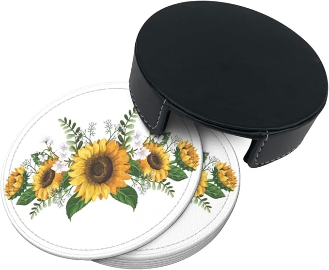 6 Pcs Sunflower Floral Leather Coasters