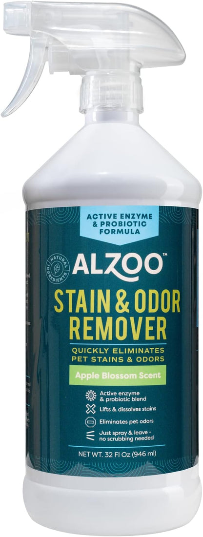 ALZOO Stain & Odor Remover, Quickly Lifts & Dissolves Pet Stains & Helps Eliminate Odors, 100% Plant-Based Active Ingredients, Apple Blossom Scent, 32 Fl. Oz Spray Bottle