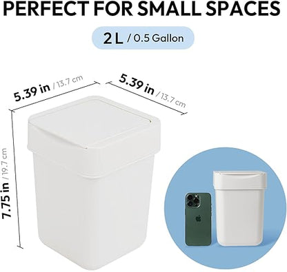 carrotez Mini Trash Can, Countertop Trash Can with Lid, 2 Liter/ 0.5 Gallon, Waste Basket, Garbage Container for Coffee Bar, Bathroom, Kitchen, Office, Desk, Bedroom - White