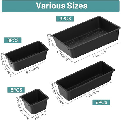 WOWBOX 25 PCS Plastic Drawer Organizer Set, Desk Drawer Divider Organizers and Storage Bins for Makeup, Jewelry, Gadgets for Kitchen, Bedroom, Bathroom, Office, Deep Black