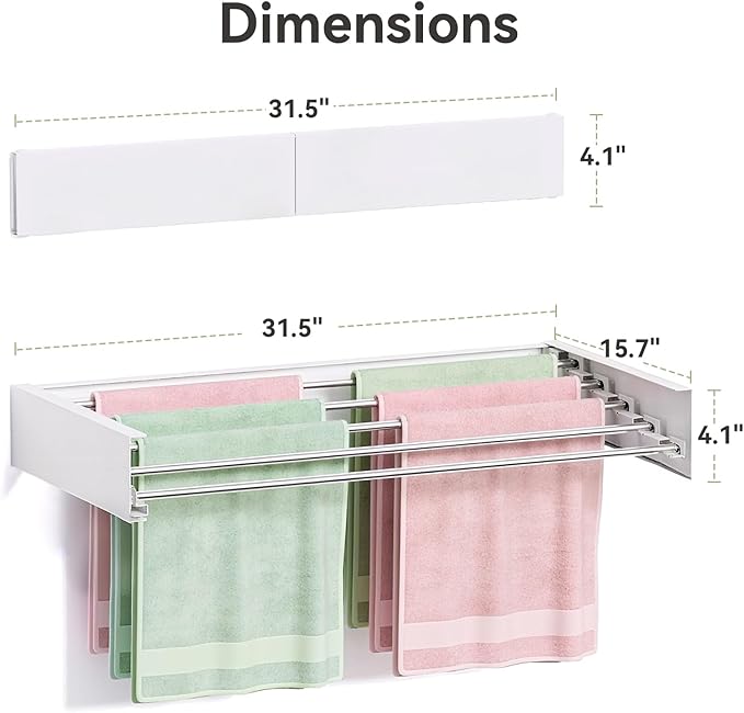 Wall Mounted Clothes Drying Rack, 5 Aluminum Rods, Collapsible, White, 32 inches (White, 32'')