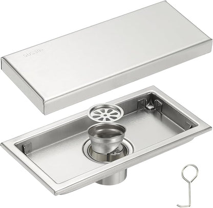 uxcell Rectangular Shower Drain, Brushed 304 Stainless Steel Odor-Proof Floor Drain Linear Shower Drain Hair Catcher for Bathroom Kitchen and Laundry Room(8 Inch, Brushed Silver)