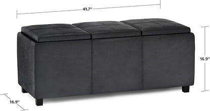 SIMPLIHOME Avalon 42 inch Wide Contemporary Rectangle Storage Ottoman in Distressed Black Vegan Faux Leather, Assembled, For the Living Room, Entryway and Family Room