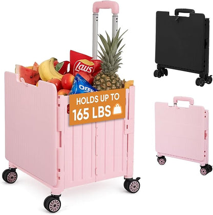 VUSIGN Folding Utility Cart, Foldable Rolling Crate Handcart with Lid, Portable Collapsible Shopping Trolley Tool Box, 4 Rotate Wheels for Grocery, Office, Travel, Teacher, Luggage, Pink