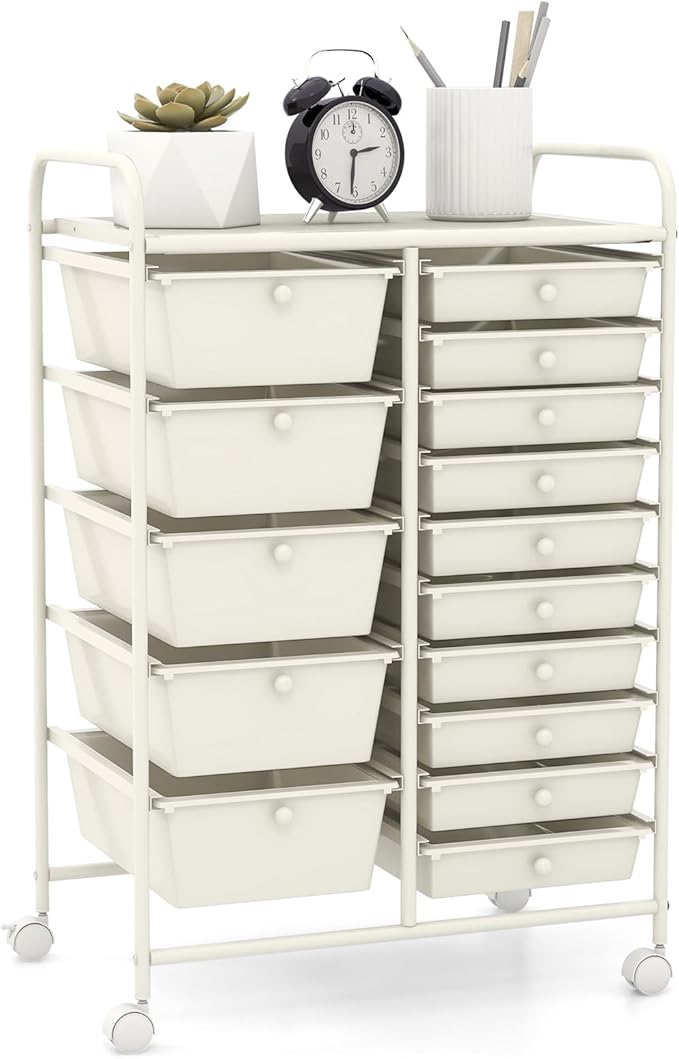 GOFLAME 15-Drawer Rolling Storage Cart, Multipurpose Movable Organizer Cart, Utility Cart for Home, Office, School, White