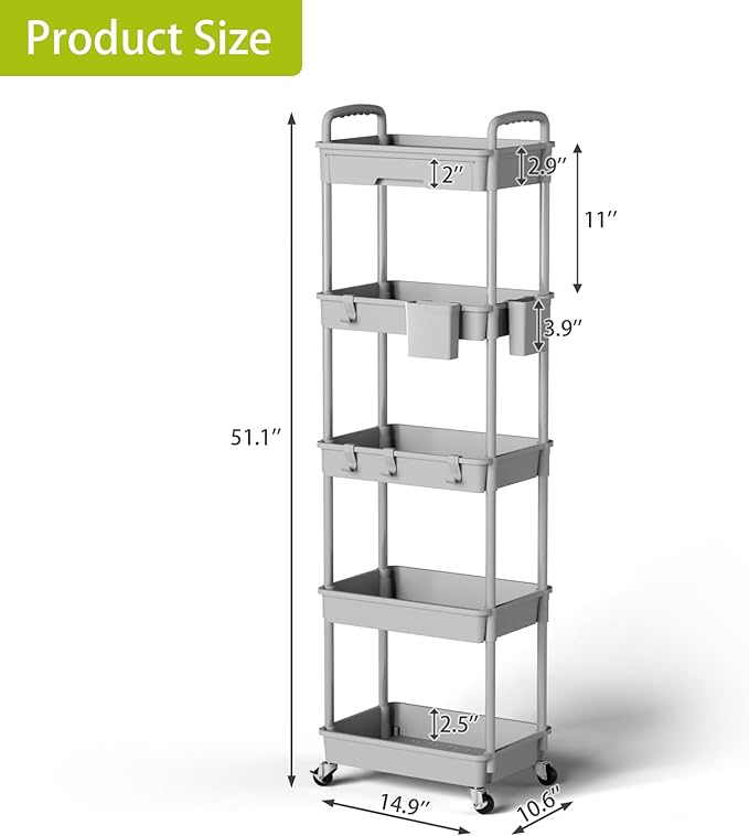 5 Tier Rolling Cart Organizer,Bathroom Cart Organizers with Wheels Laundry Room Organization Mobile Shelving Unit Utility Cart Storage Shelves Multi-Functional for Office, Home(Grey)
