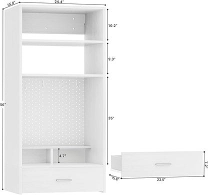 Unikito 24 inch Closet System with Drawers and Magnetic Pegboard, Wall Mounted Closet Organizer with Vanity Storage Shelves, Multipurpose Vanity Desk for Bedroom, Mudroom, and Entryway, White