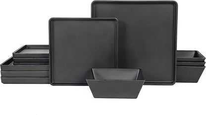Melamine Dinnerware Sets - 12pcs Square Plates and Bowls Set, Dishes Set, Black
