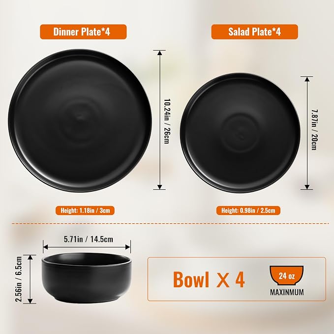 EWFEN Plates and Bowls Sets, 12 Pieces Ceramic Dinnerware Set