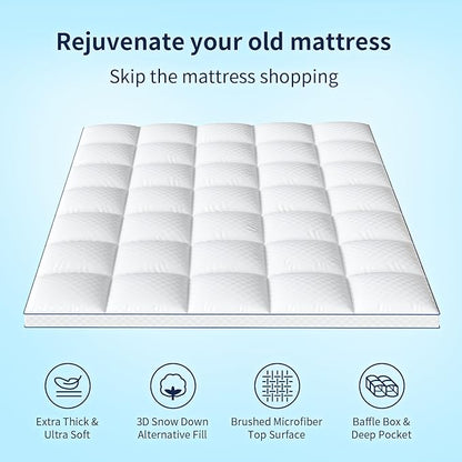 Mattress Topper Twin Extra Thick Mattress Pad Cover for Back Pain Cooling Mattress Protector with 8-21 Inch Deep Pocket Overfilled Down Alternative Filling White