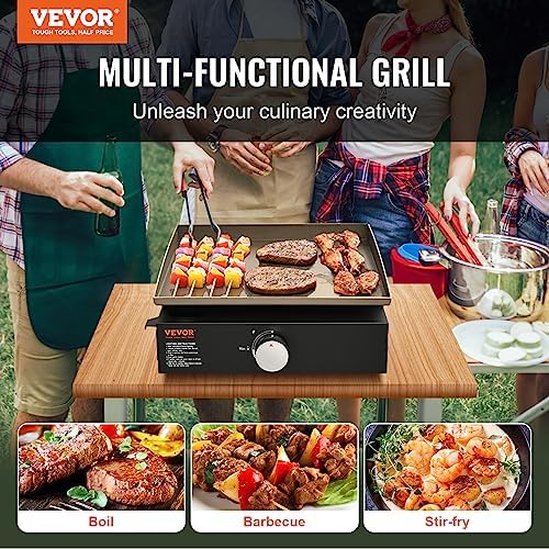 VEVOR Griddle, 16.9" Heavy Duty Manual Flat Top Griddle, Countertop Gas Grill with Non-Stick Cooking Plate, Steel Propane Gas Griddle, 1-Burners Restaurant Portable Grill - 22,000 BTU