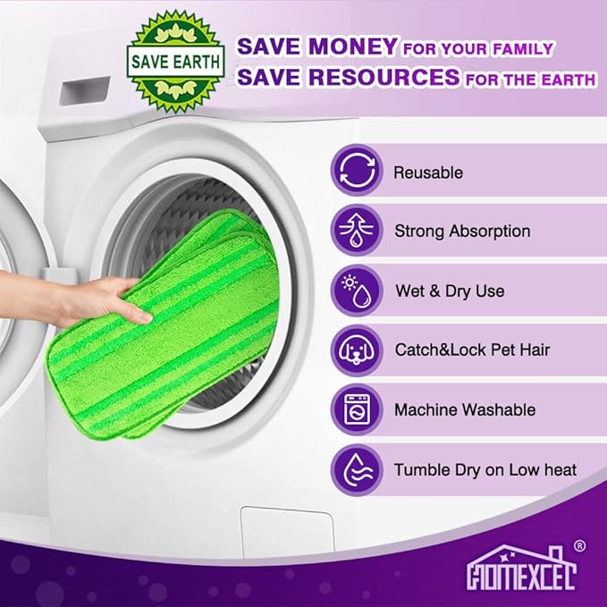 HOMEXCEL Microfiber Mop Pads Compatible with Swiffer Wet Jet-15"x5.5", Reusable and Machine Washable Floor Pad Refills, Mop Head Replacements for Multi Surface Wet & Dry Cleaning, Pack of 4