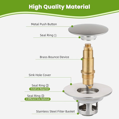 Universal Bathroom Sink Drain Strainer Hair Catcher Upgraded with Removable Stainless Steel Filter Basket, 2 in 1 Pop Up Sink Stopper for 1.1''~2.36'' Sink Basin Hole, Big Cover Cap, Brushed Nickel