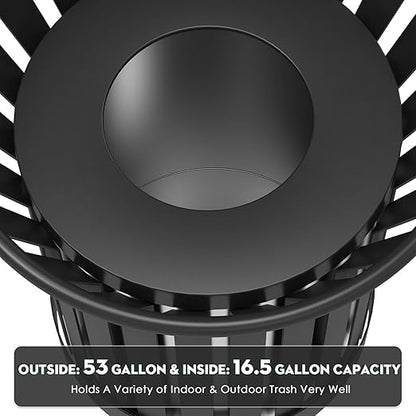 16Gallon/62L Commercial Outdoor & Indoor Metal Trash Can, Outdoor Slatted Trash Receptacle with Metal Linner, All Weather Resistant Large Outside Zone Round Garbage Bin for Street, Park, School-Black
