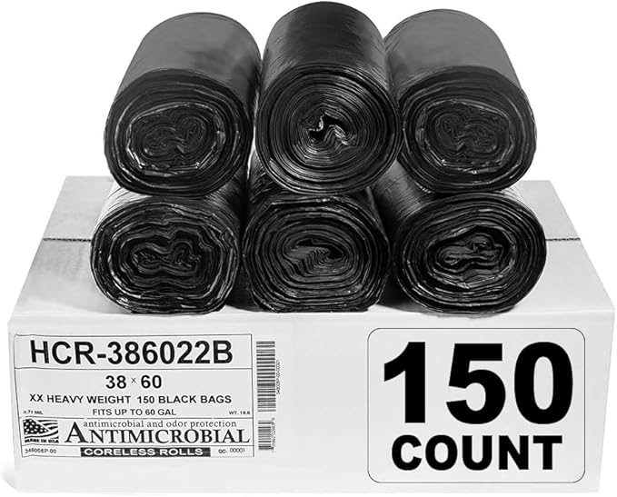 Aluf Plastics High Density Trash Bags, 60 Gallon, 150 Count, 22 Micron (eq), 38" x 60", Black, for Bathroom, Office, Industrial, Commercial, Janitorial, Municipal, Recycling