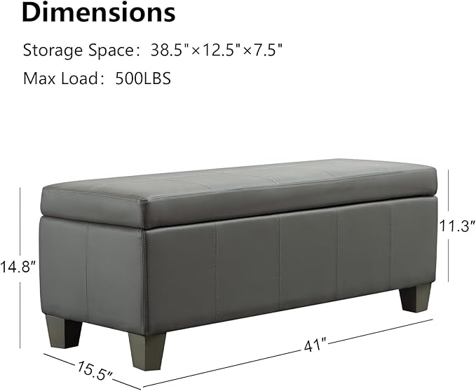 Grey Faux Leather Ottoman with Storage, Rectangular Extra Long Storage Bench for Bedroom and Living Room
