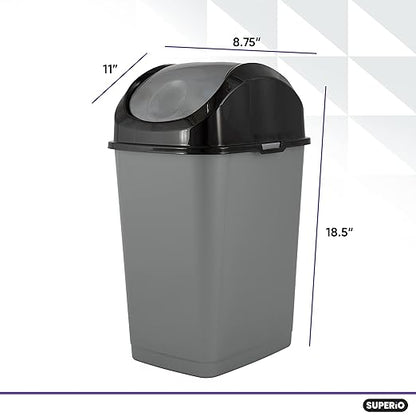 Superio Small Trash Can for Dorm with Lid 4.5 Gallon Plastic Swing Top Slim Garbage Can for Under Sink/Cabinet, Laundry, Kitchen, Office, Bedroom, Bathroom, College, 18 Qt Gray/Black, 2