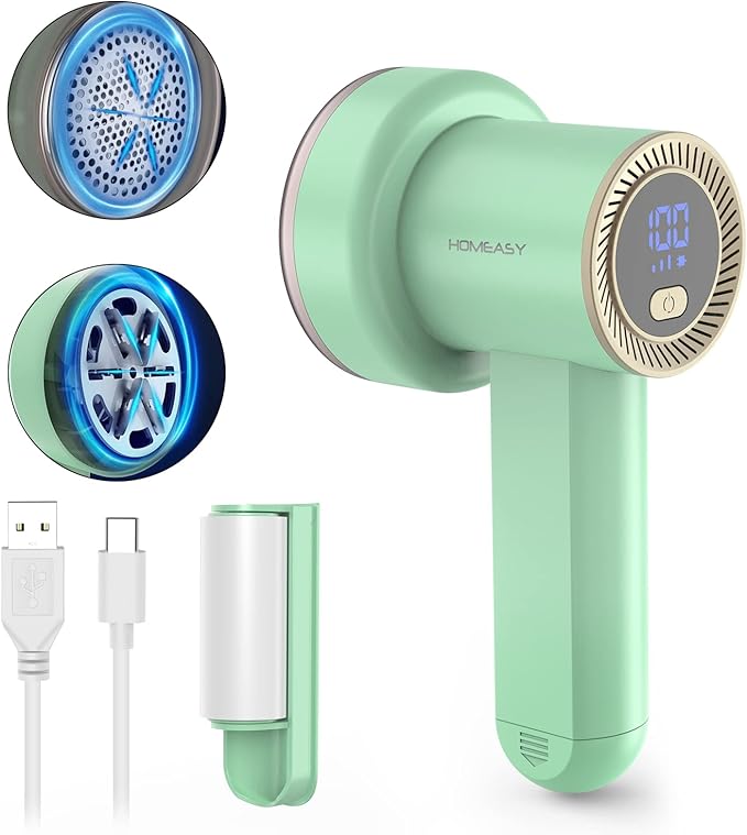 Fabric Shaver Fuzz Remover Rechargeable, HOMEASY Electric Lint Remover Shaver with 3 Blades & LED Digital Display, Sweater Couch Fabric Pill Shaver for Sweater, Couch, Furniture