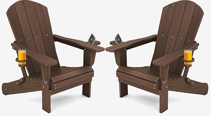 SERWALL Adirondack Chair with Cup Holders - Composite Adirondack Chairs Set of 2 HDPE Outdoor Chairs All Weather Use- Coffee