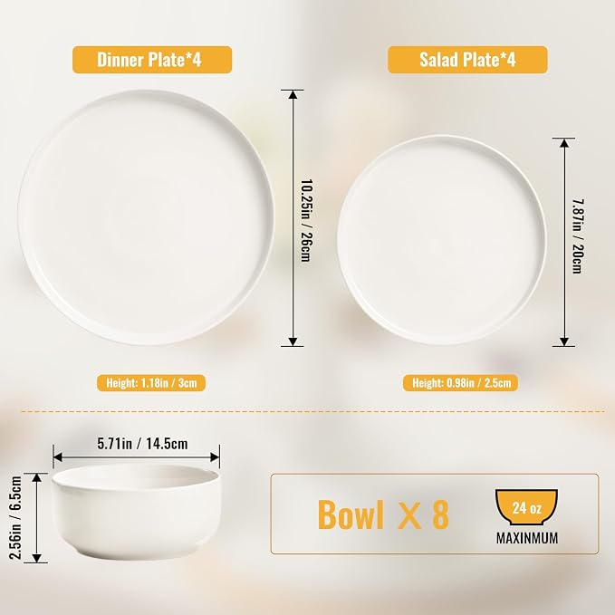 EWFEN Plates and Bowls Sets, 24 Pieces Ceramic Dinnerware Set