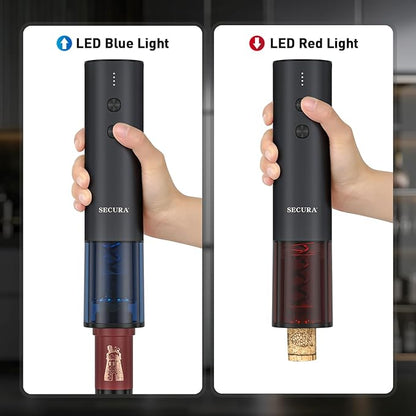 Secura Stainless Steel Electric Wine Opener, Rechargeable Automatic Home Wine Bottle Opener with Foil Cutter & Charging Cable, Reusable Corkscrew Wine Opener Electric for Wine Lovers, Black