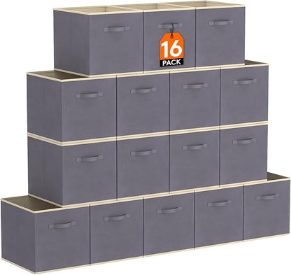 Lifewit 16 Packs Storage Cubes, 11 Inch Cube Storage Bins, Foldable Decorative Fabric Storage Baskets for Organizing Home Organizers with Handles for Shelves, Closet, Gray