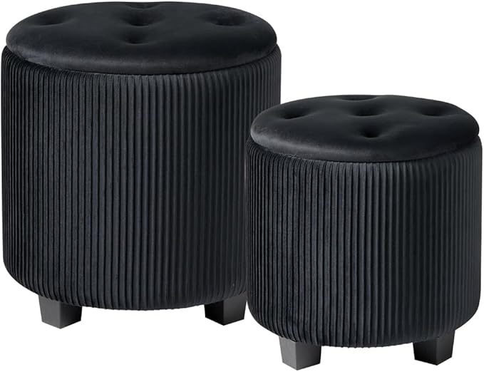 Big Round Ottoman with Storage Set of 2,Upholstered Velvet Vanity Stool for Makeup Multifunctional Foot Rest Coffee Table Padded Seat Tufted Ottomans for Living Room&Bedroom (Black)