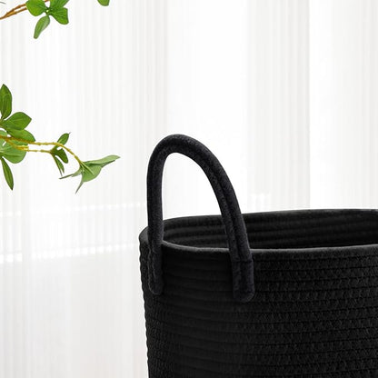 VIPOSCO Large Laundry Hamper, Tall Woven Rope Storage Basket for Blanket, Toys, Dirty Clothes in Living Room, Bathroom, Bedroom - 58L Black