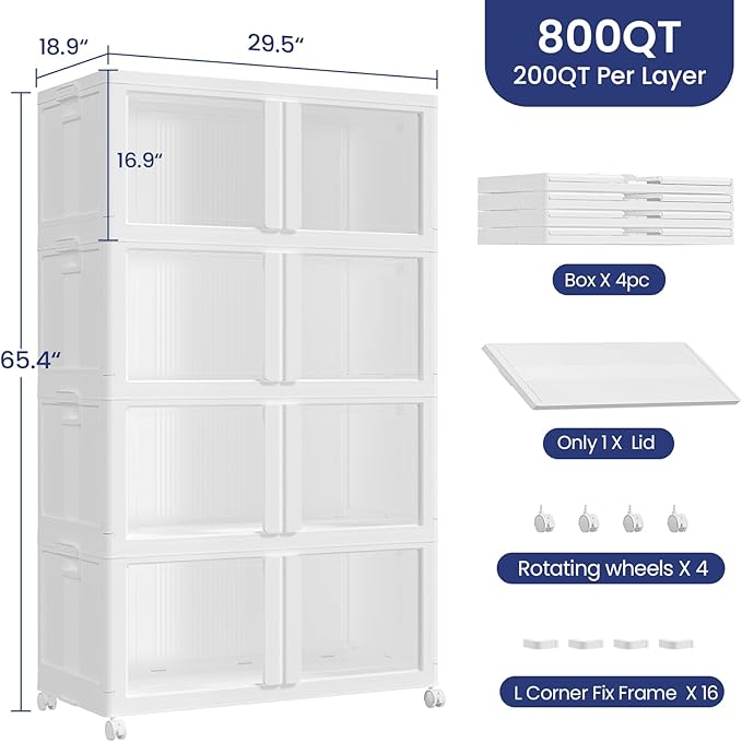 200GAL Large Stackable Storage Bins with Lid and Wheels, 800Qt Collapsible Organizer Cabinet with Clear Door, for Closet, Bedroom, Kitchen, Garage, 4-Pack White