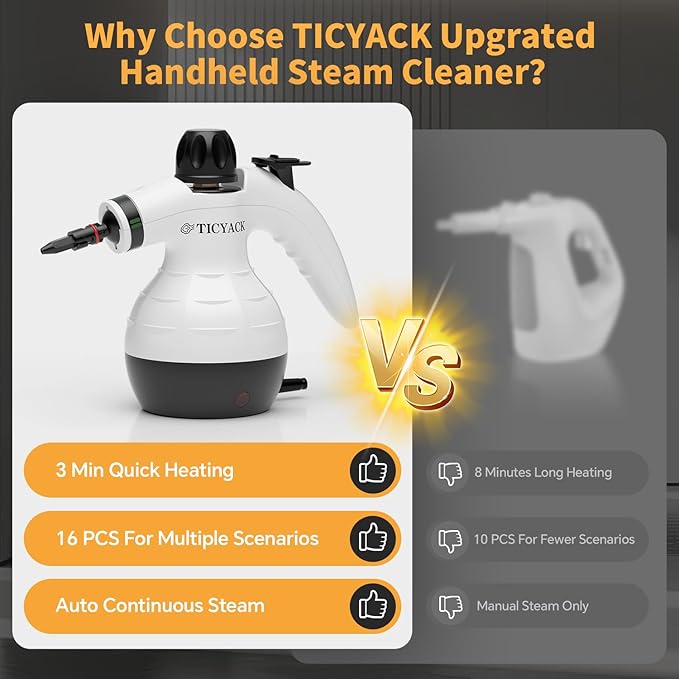 Steam Cleaner, Handheld Steam Cleaner for Home, 16-Piece Steam Cleaner Kit with Automatic Steam Switch, Steamer for Kitchen, Bathroom, Car, Living Room and Multi-Surface Deep Cleaning (White)