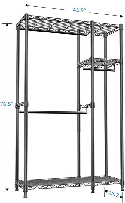 IZEUK 2 Combination Heavy Duty Garment Rack Wire Clothes Rack for Hanging Clothes, Metal Freestanding Closet Wardrobe Rack with 3 Rods Black 15.7" D x 43.3" W x 76.5" H