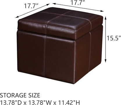 Adeco 17.7" Leather Cube Storage Brown Ottomans for Living Room