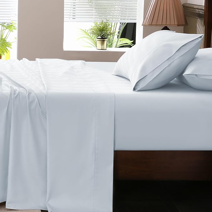 Extra Deep Pocket King Sheets 18-24 Inch 100% Egyptian Cotton 1000 Thread Count Sateen Weave Soft Breathable 4 Pieces（King，Light Blue）