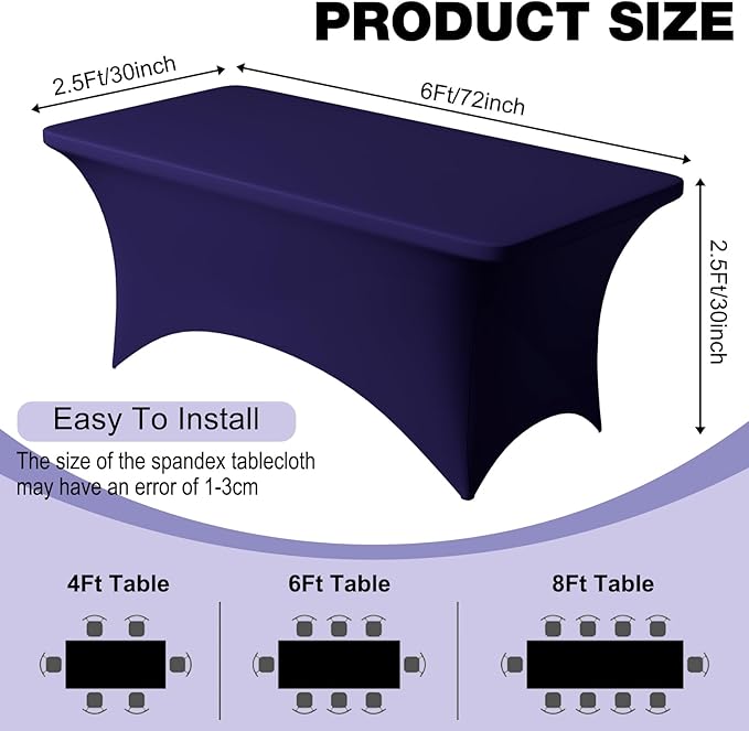 Trlyc 2 Pack 6FT Spandex Table Cloth - 72 x 30 Inch Rectangular Stretch Tablecloth, Wrinkle Resistant Scretch Table Cover for Wedding, Party, Banquet, Picnic, Outdoor Decoration (2Pcs,Navy Blue)