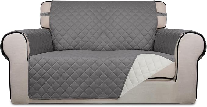 PureFit Reversible Quilted Sofa Cover, Water Resistant Slipcover Furniture Protector, Washable Couch Cover with Non Slip and Elastic Straps for Kids, Dogs, Pets (Loveseat, Gray/Ivory)