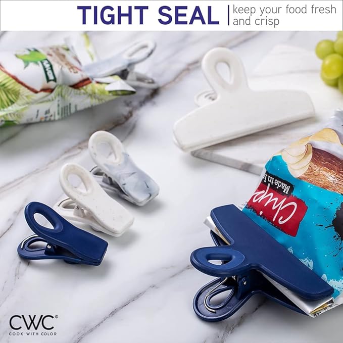 COOK WITH COLOR Bag Clips - Heavy Duty Chip and Refrigerator Magnet Clip for Food Storage, Blue and White, 2 Large and 16 Small Clips