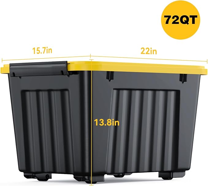 Nazhura 72Quart Plastic Storage Bin, Stackable and Nestable Storage Boxes with White Lids and Secure Latching Buckles, Large Storage Container (Black/Yellow, 72Quart-6Pack)