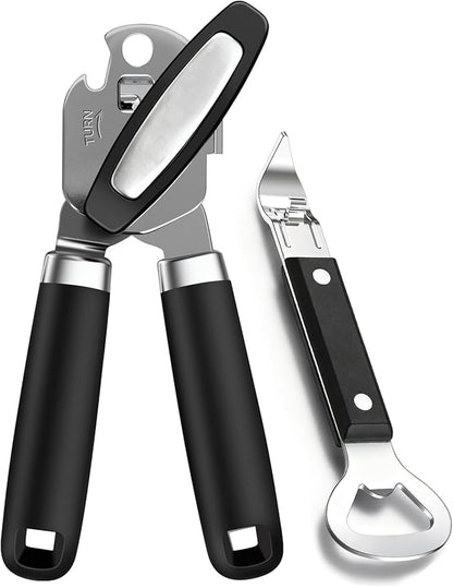 2PCS Can Opener Manual & Bottle Opener, Smooth Edge Manual Can Openers with Strong Magnet, Heavy Duty Stainless Steel Abrelatas Handheld Can Openers - Premium Kitchen Supplies (Black)