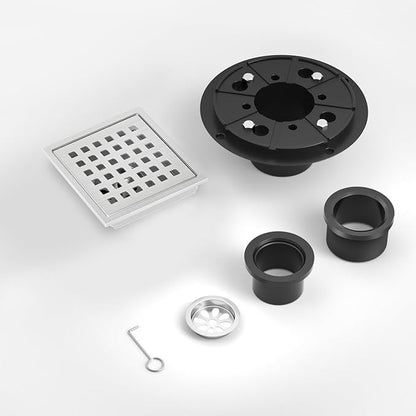 6 Inch Square Shower Floor Drain Brushed Stainless Steel Drain Kit with Flange, Removable Grid Cover, Hair Strainer