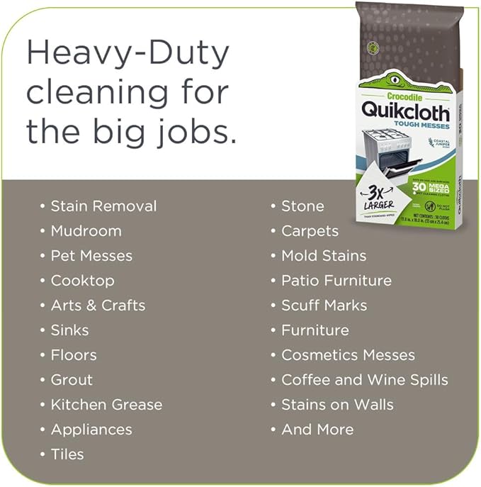 Quikcloth® Tough Messes – Plant-Based, Gentle, Plastic-Free Cleaning Wipes for Home & Kitchen - Safe on Hands and Surfaces