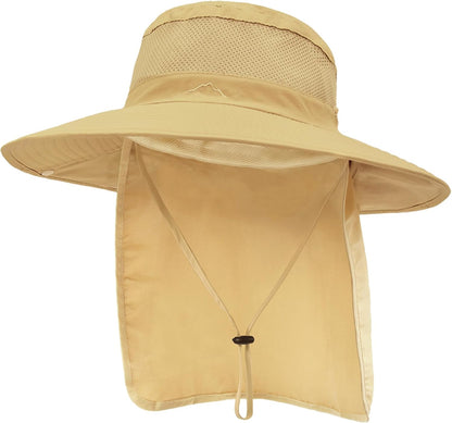 Outdoor Sun Hats with Stowable Neck Flap for Men Women UPF 50+ Mesh Summer Bucket Hat Wide Brim for Fishing Safari Hiking