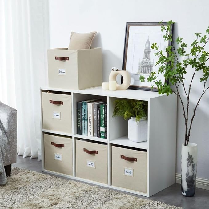 DECOMOMO Storage Bins, Cube Storage Bin with Labels, Fabric Storage Cubes for Shelves (10.5" x 11" / 2pcs, Beige)