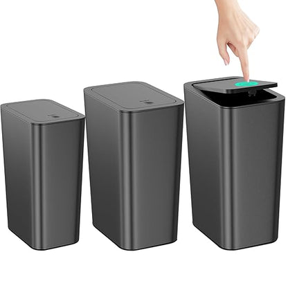 N. NETDOT Bathroom Trash Can with Lid 3 Pack Set, 2 Packs 4 Gal Slim Kitchen Trash Bin and 1 Pack 2.6Gal Garbage Can, Small Trash Can/Trash Bin/Waste Basket for Bedroom (Black, Pack of 3)