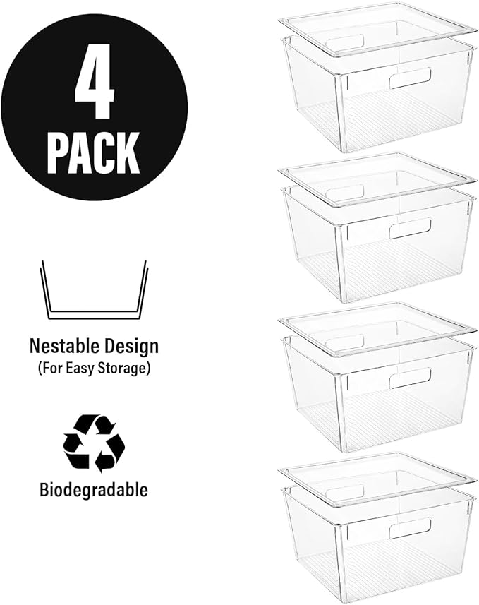 Extra Large Stackable Clear Plastic Storage Bins with Lids, Perfect for Kitchen Organization or Pantry Organization and Storage, Fridge Organizer Bins for Organizing, Under the Sink Organizers